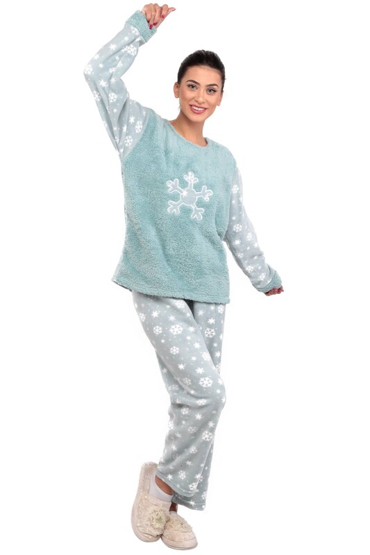 Kar Tanesi Baskılı Polar Kadın Pijama Takımı | Açık Mavi - Thumbnail