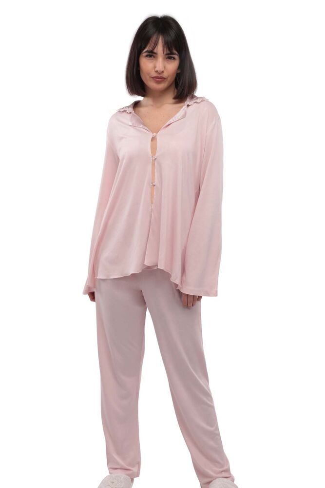 İmaj Gömlek Yakalı Düğmeli Beyaz Pijama Takımı 113 | Pudra
