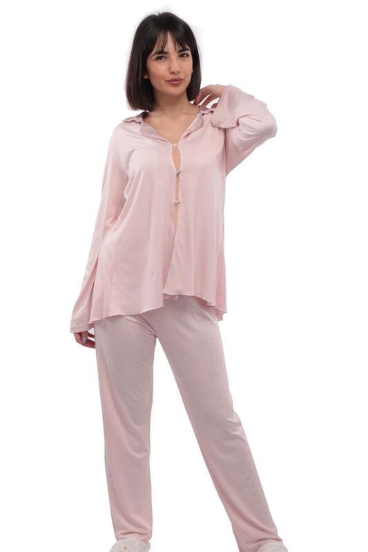 İmaj Gömlek Yakalı Düğmeli Beyaz Pijama Takımı 113 | Pudra - Thumbnail
