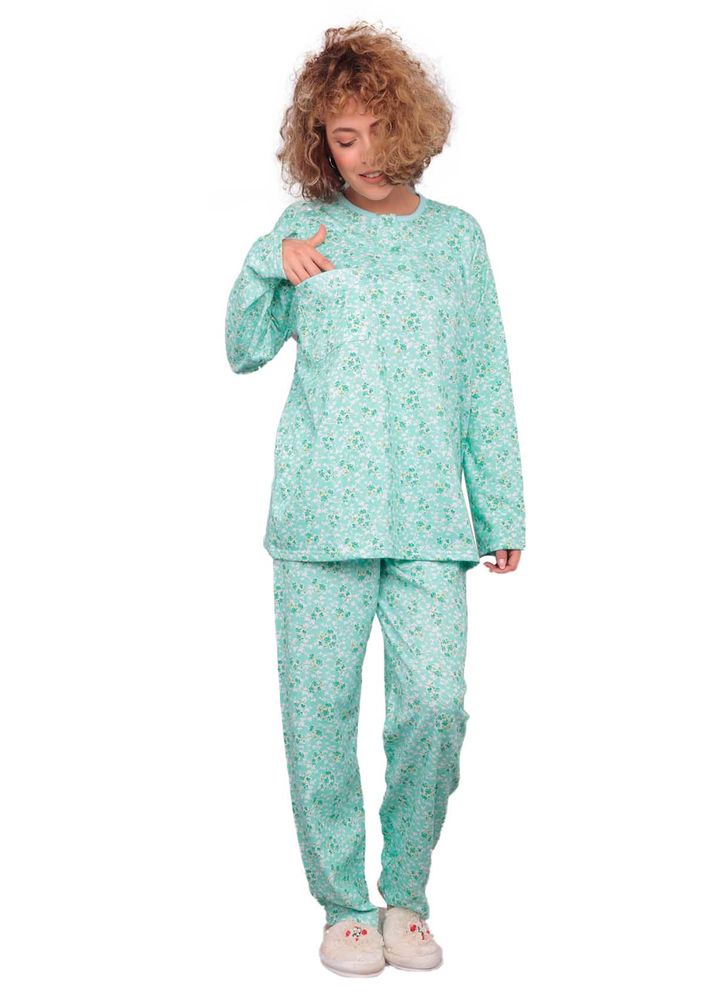 İtan Papatya Desenli Düğmeli Cepli Mor Pijama Takımı 002 | Yeşil