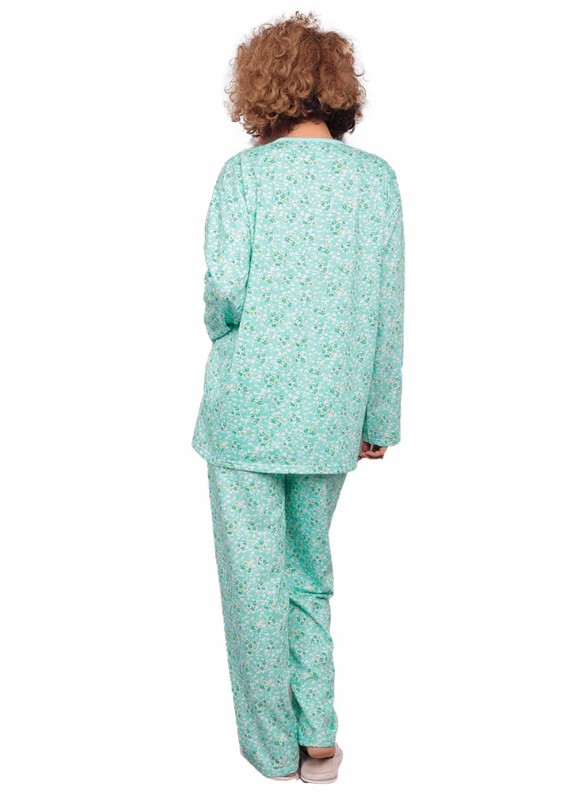İtan Papatya Desenli Düğmeli Cepli Mor Pijama Takımı 002 | Yeşil - Thumbnail