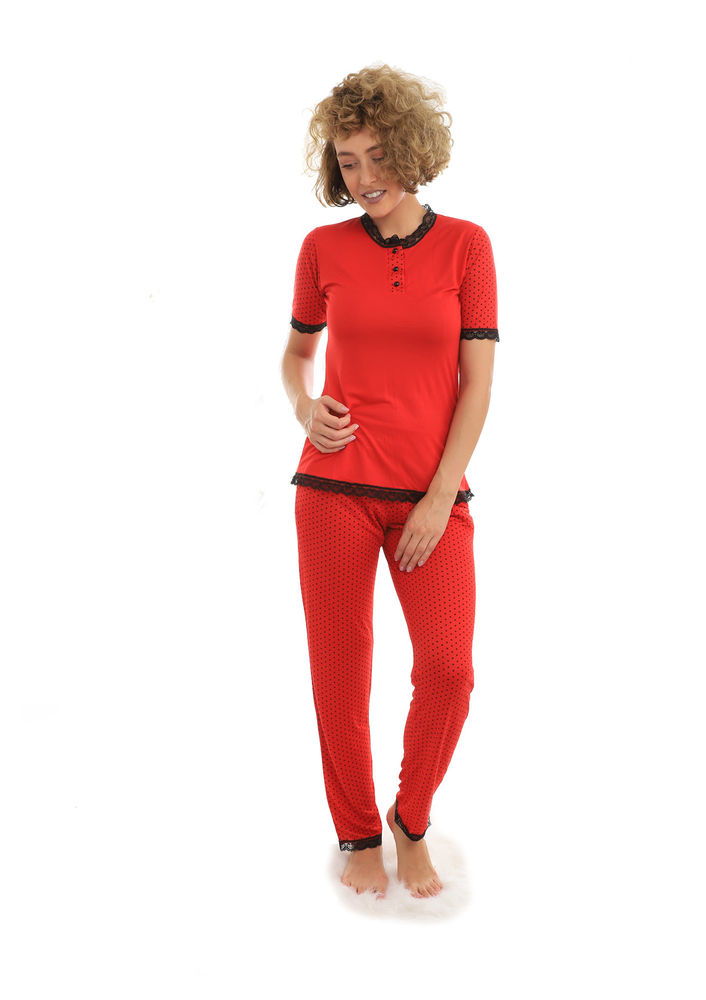 Jar Pierre Güpür Detaylı Puaniyeli Kısa Kollu Kırmızı Pijama Takımı 303 | Kırmızı
