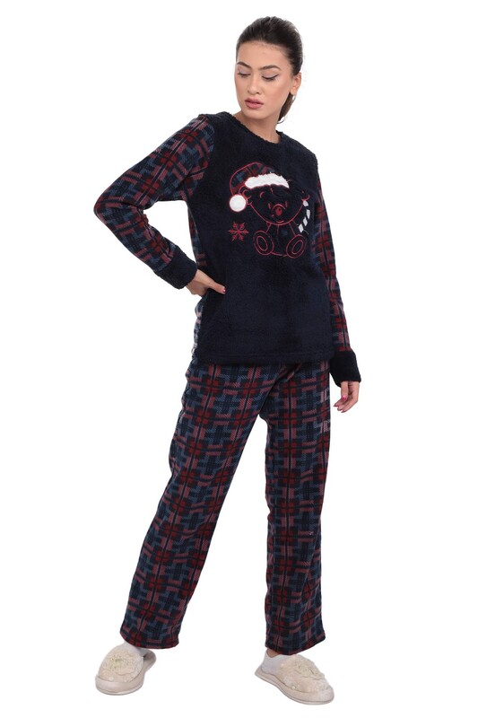 Kare Desenli Polar Kadın Pijama Takımı | Lacivert - Thumbnail