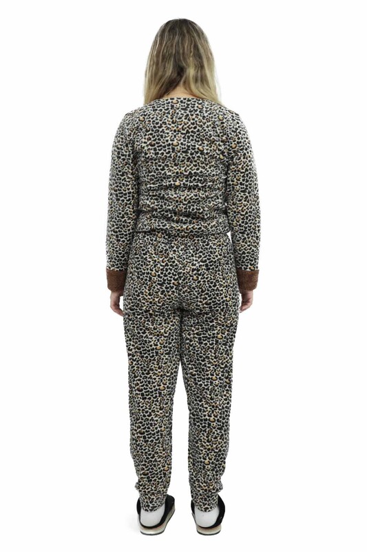 Leopar Desenli Polar Kadın Pijama Takımı 2477 | Kahve - Thumbnail