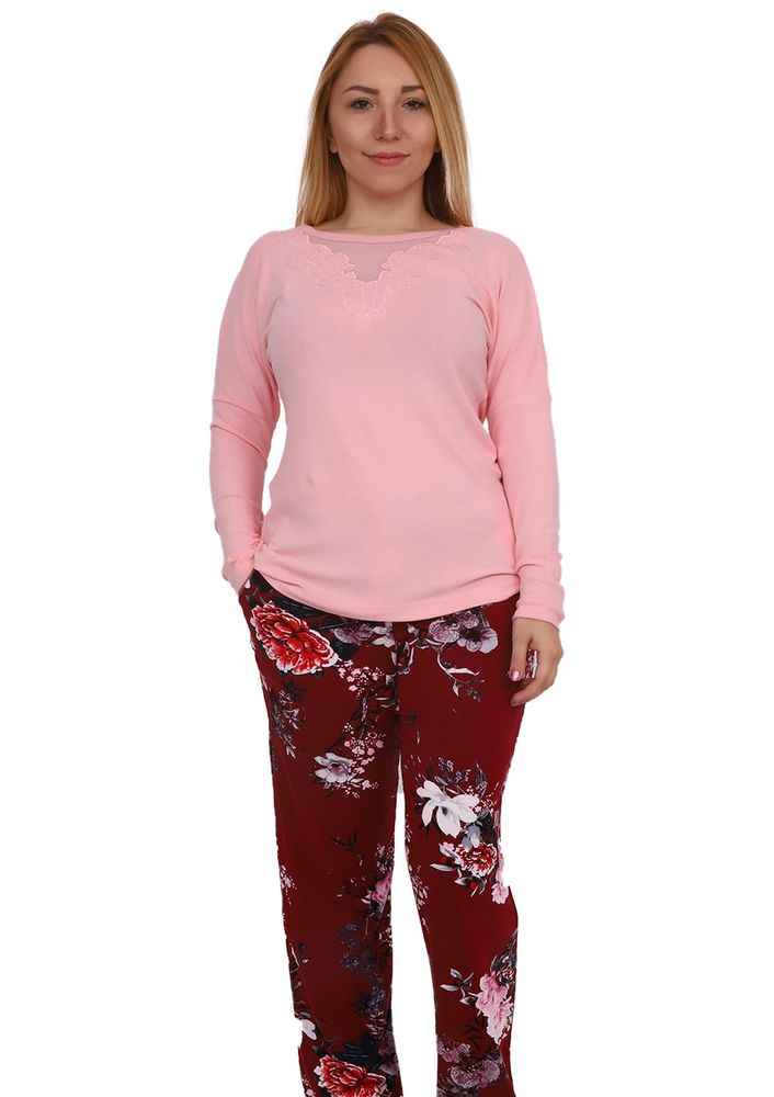 Senfoni Çiçek Desenli Güpür Detaylı Pijama Takımı 1471 | Pudra