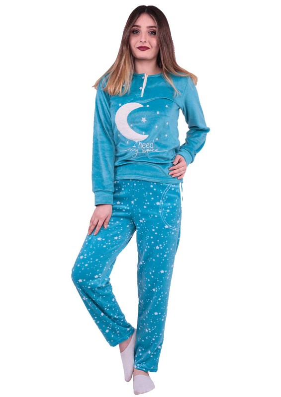 Simisso Boru Paçalı Yıldız Desenli Polar Pijama Takımı 2214 | Petrol - Thumbnail
