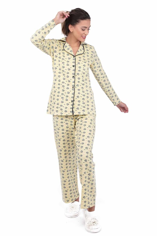 Gömlek Yaka Kıss Baskılı Kadın Pijama Takımı | Sarı - Thumbnail