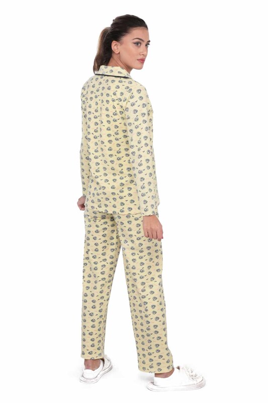 Gömlek Yaka Kıss Baskılı Kadın Pijama Takımı | Sarı - Thumbnail