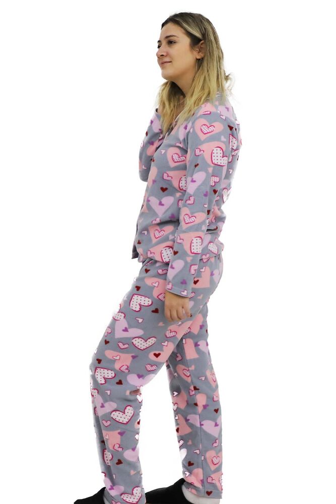 Kalp Desenli Polar Kadın Pijama Takımı 9055 | Gri