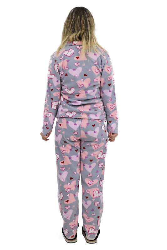 Kalp Desenli Polar Kadın Pijama Takımı 9055 | Gri - Thumbnail