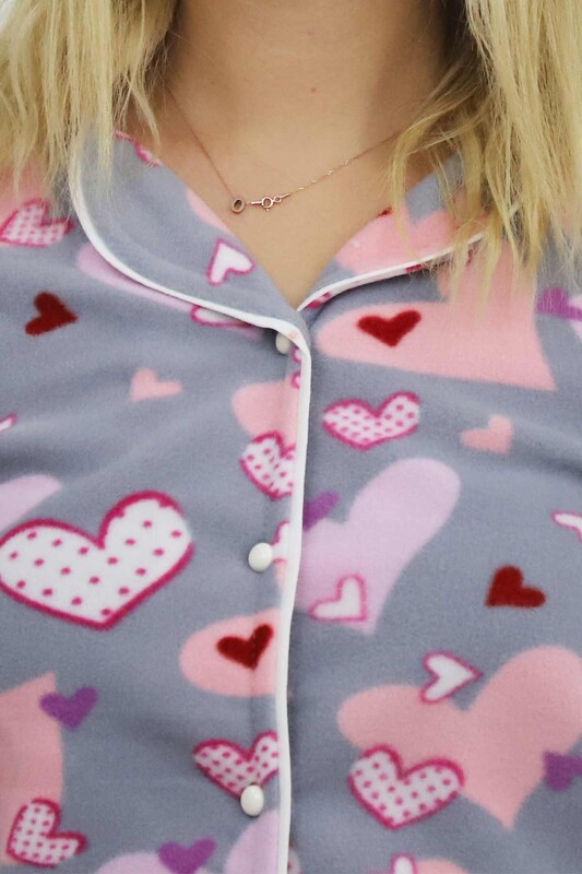 Kalp Desenli Polar Kadın Pijama Takımı 9055 | Gri - Thumbnail