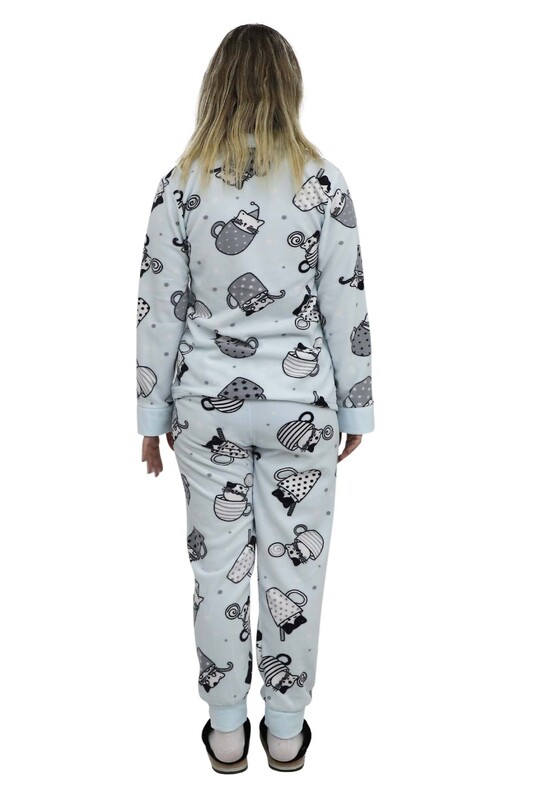 Kedi Baskılı Polar Kadın Pijama Takımı | Mavi - Thumbnail