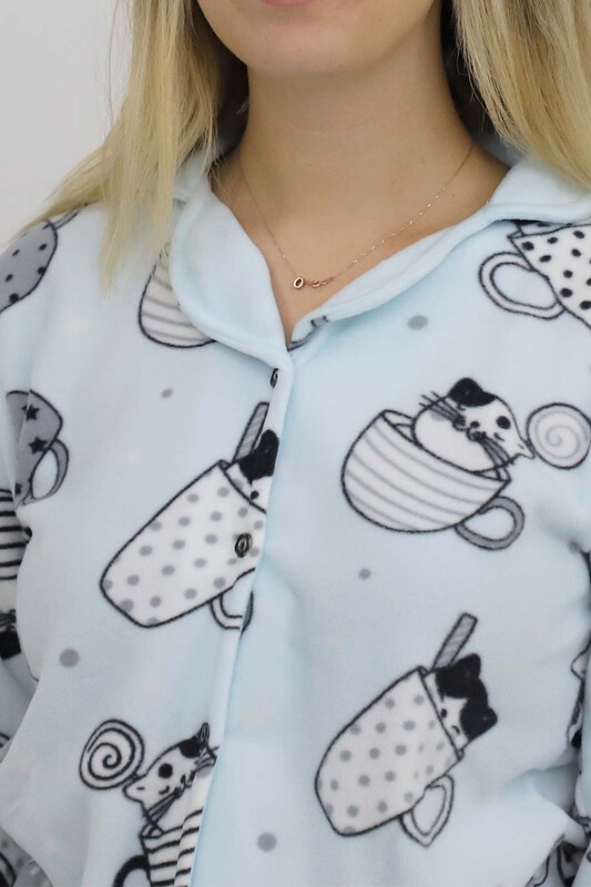 Kedi Baskılı Polar Kadın Pijama Takımı | Mavi - Thumbnail