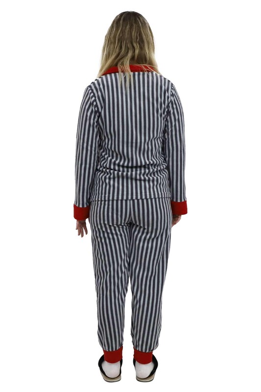 Çizgili Polar Kadın Pijama Takımı 9043 | Gri - Thumbnail