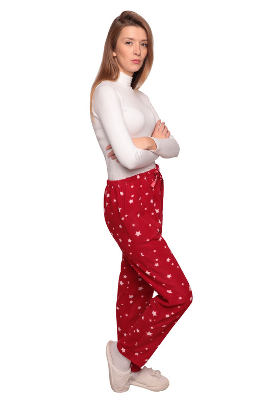 Yıldızlı Cepli Kadın Polar Pijama Alt 2322 | Kırmızı - Thumbnail