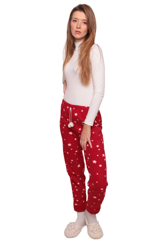 Yıldızlı Kadın Polar Pijama Alt 6654 | Kırmızı - Thumbnail