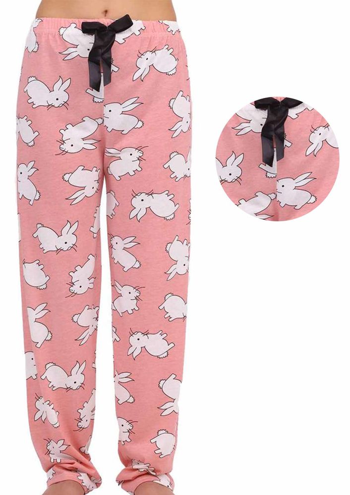 Boru Paçalı Tavşan Desenli Lastikli Pijama Altı 2115 | Pudra