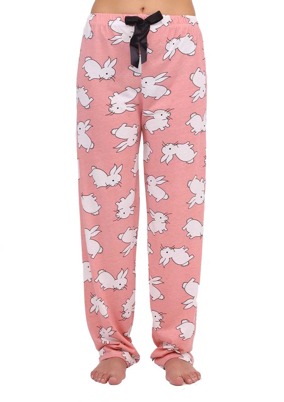 Boru Paçalı Tavşan Desenli Lastikli Pijama Altı 2115 | Pudra - Thumbnail
