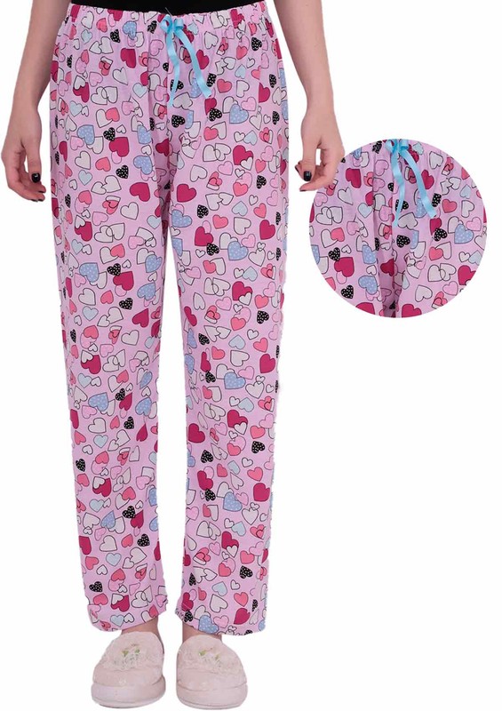 Boru Paçalı Kalp Desenli Lastikli Pijama Altı 555 | Pembe - Thumbnail