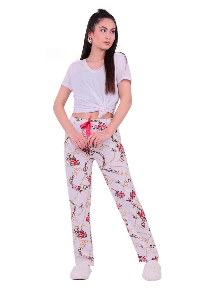 Çiçek ve Zincir Desenli Pijama Altı | Beyaz