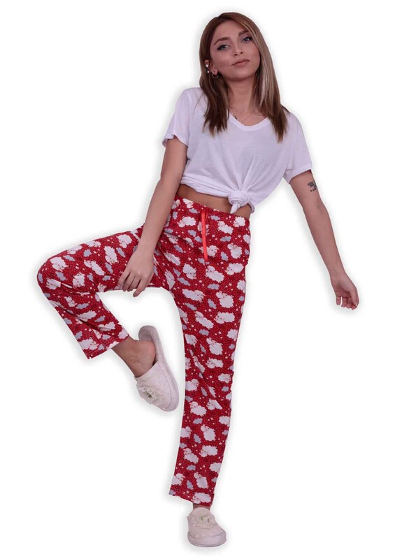 Kuzu Desenli Kadın Pijama Altı | Kırmızı - Thumbnail