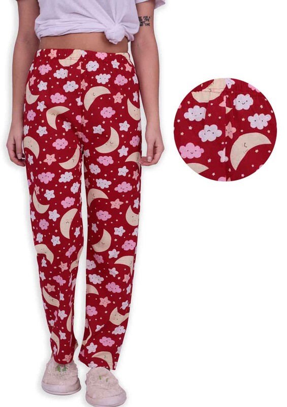 Bulut Baskılı Kadın Pijama Altı | Kırmızı - Thumbnail