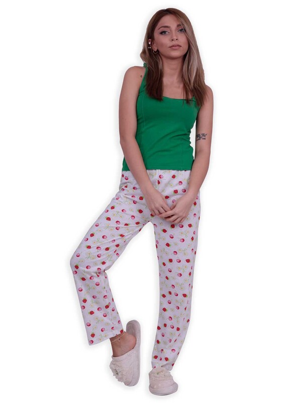 Kiraz Baskılı Kadın Pijama Altı 002 | Beyaz - Thumbnail