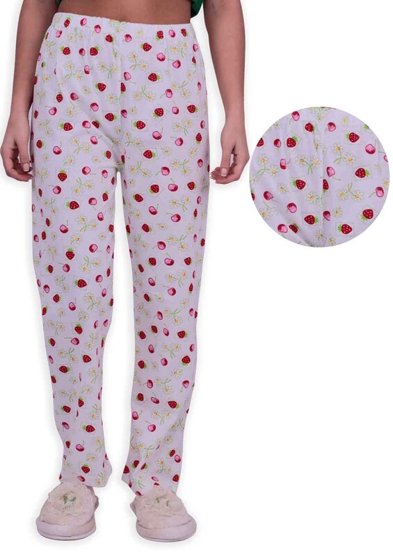 Kiraz Baskılı Kadın Pijama Altı 002 | Beyaz - Thumbnail