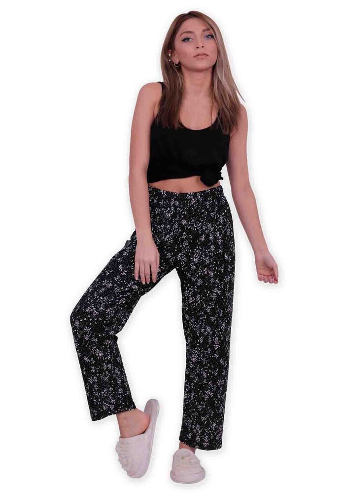 Yaprak Baskılı Kadın Pijama Altı | Siyah