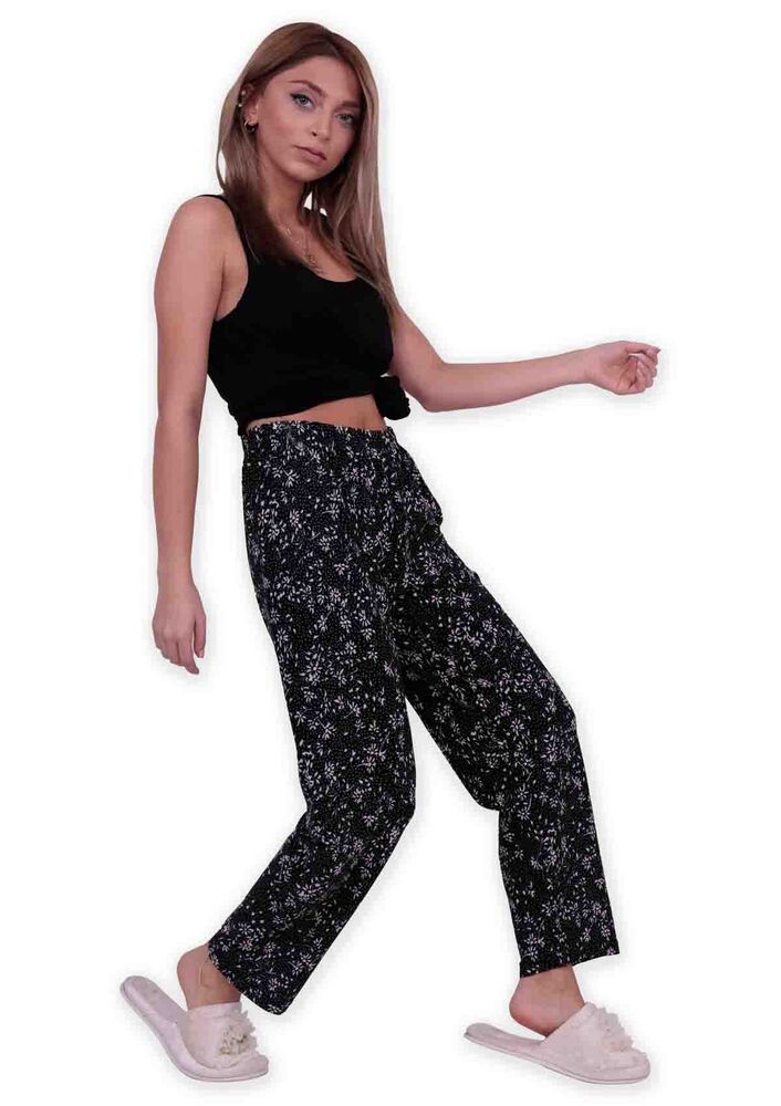 Yaprak Baskılı Kadın Pijama Altı | Siyah