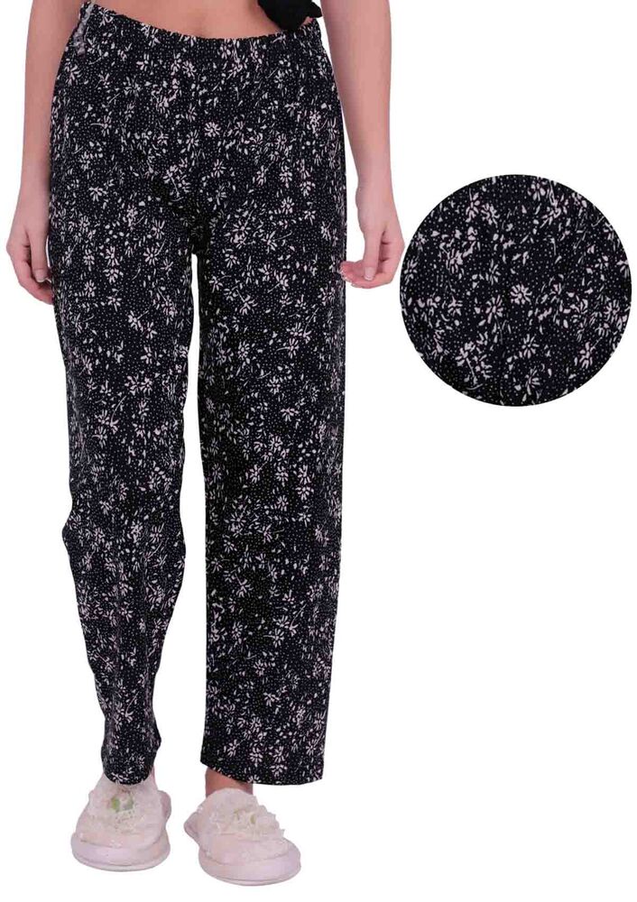 Yaprak Baskılı Kadın Pijama Altı | Siyah