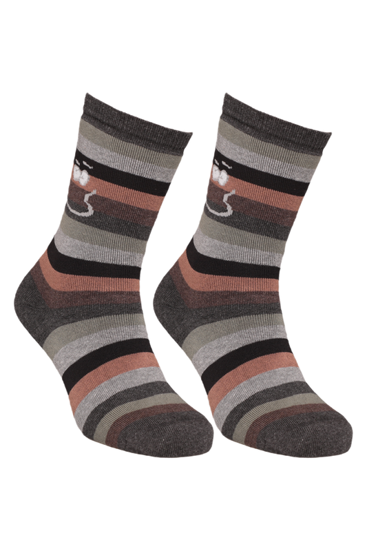 DÜNDAR - Çizgili Kadın Havlu Soket Çorap 8504-2 | Kahverengi