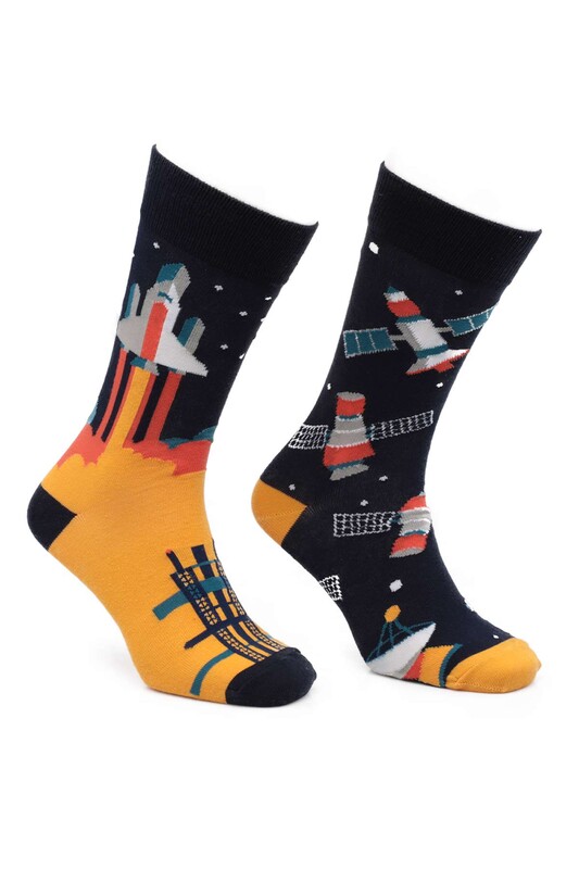 Desenli Sevgili Eş Özel Çift Çorabı 5052 | Hardal - Thumbnail