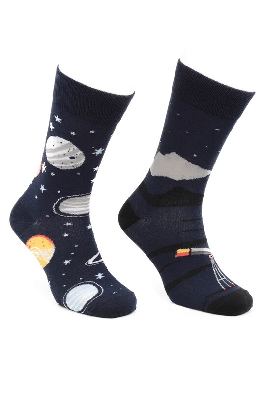 Desenli Sevgili Eş Özel Çift Çorabı 5050 | Lacivert - Thumbnail