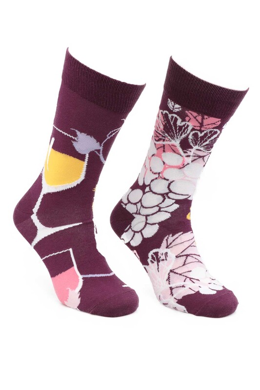 Desenli Sevgili Eş Özel Çift Çorabı 5051 | Mürdüm - Thumbnail