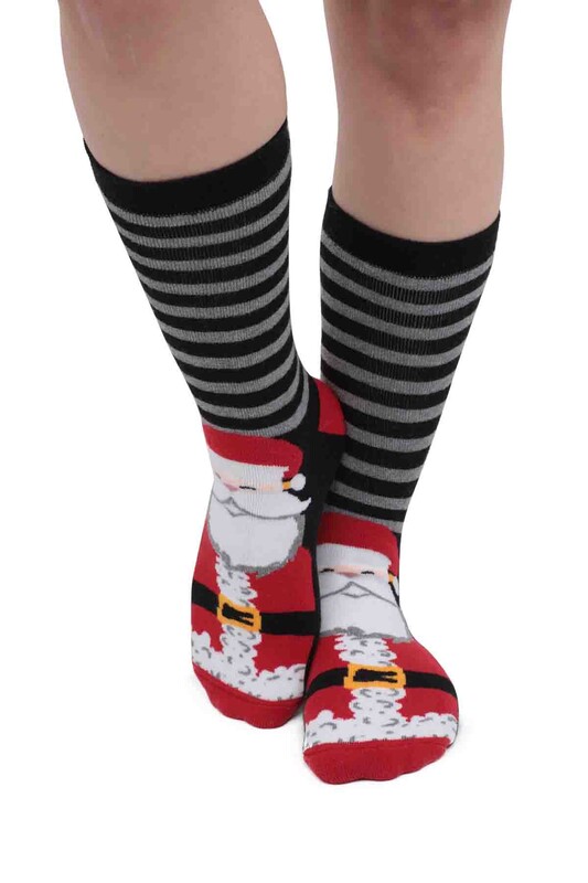 SARA DONNA - Noel Baba Desenli Kadın Havlu Çorap | Siyah