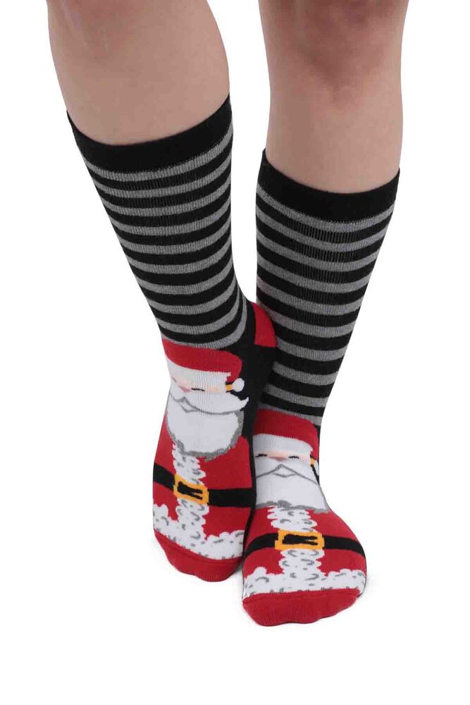 Noel Baba Desenli Kadın Havlu Çorap | Siyah
