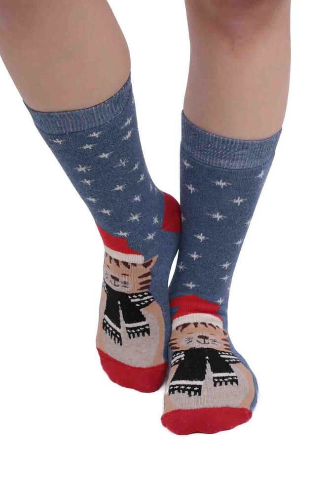 Kedi Desenli Kadın Havlu Çorap | Mavi