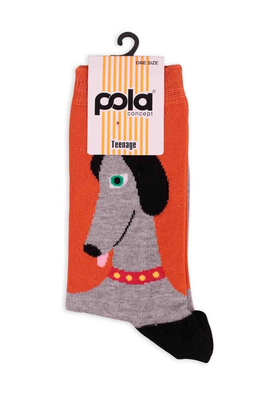 Pola Teenage Köpek Desenli Kadın Soket Çorap | Turuncu - Thumbnail