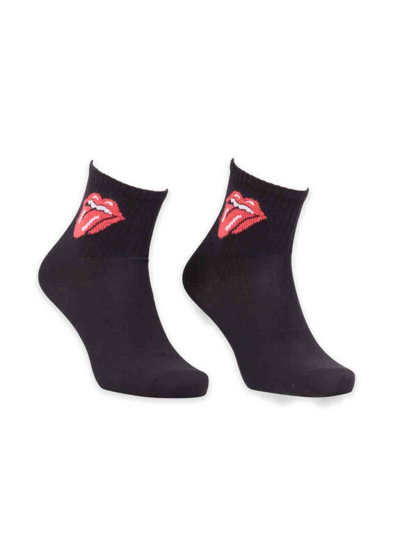 SİMİSSO - Dudak Desenli Kadın Soket Çorap | Siyah