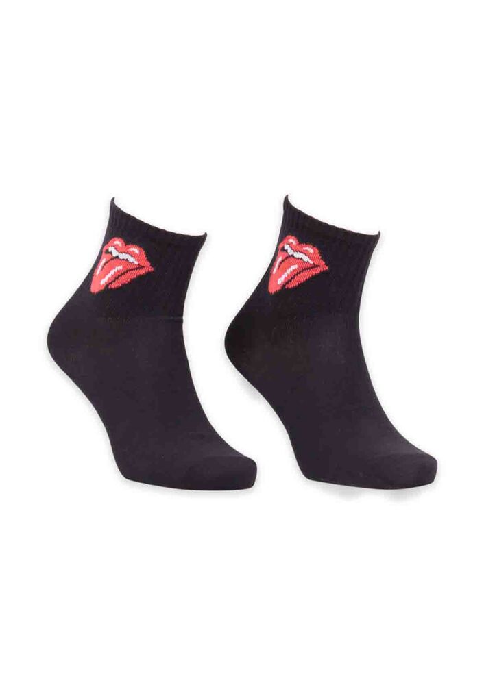 Dudak Desenli Kadın Soket Çorap | Siyah