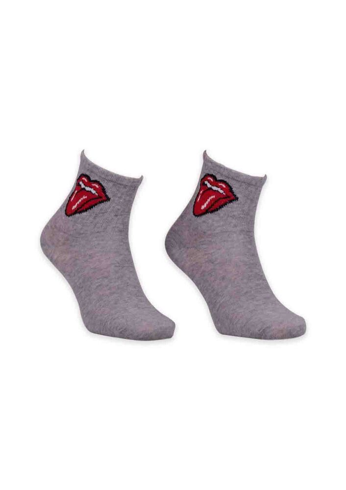 Dudak Desenli Kadın Soket Çorap | Gri