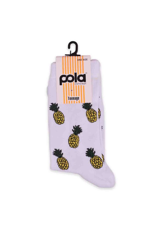 Pola Teenage Ananas Desenli Kadın Soket Çorap | Beyaz - Thumbnail