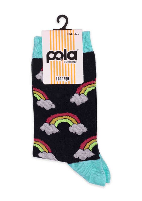 Pola Teenage Gökkuşağı Desenli Kadın Soket Çorap | Siyah - Thumbnail