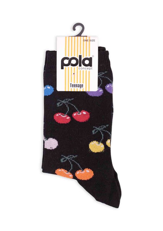 Pola Teenage Kiraz Desenli Kadın Soket Çorap | Siyah - Thumbnail
