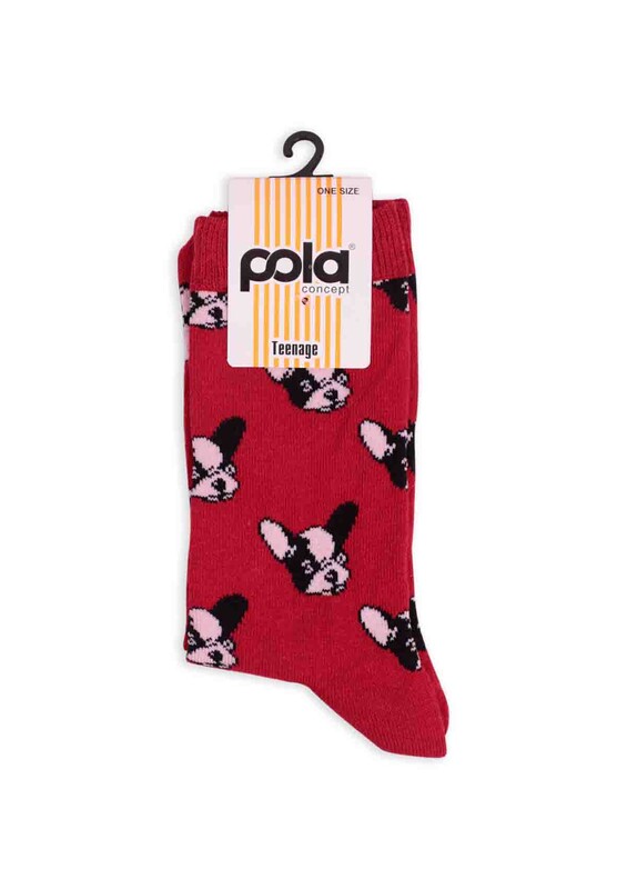 Pola Teenage Köpek Desenli Kadın Soket Çorap 003 | Kırmızı - Thumbnail