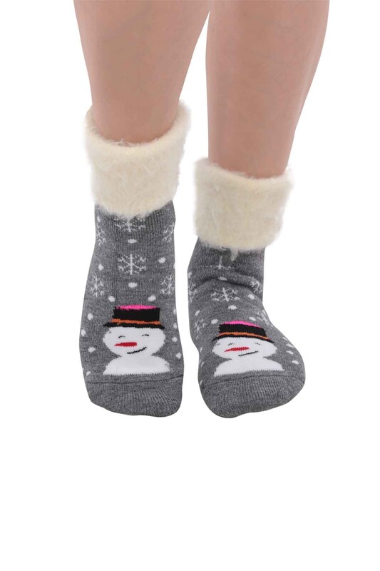 Kardan Adam Desenli Kadın Bot Çorap | Füme - Thumbnail