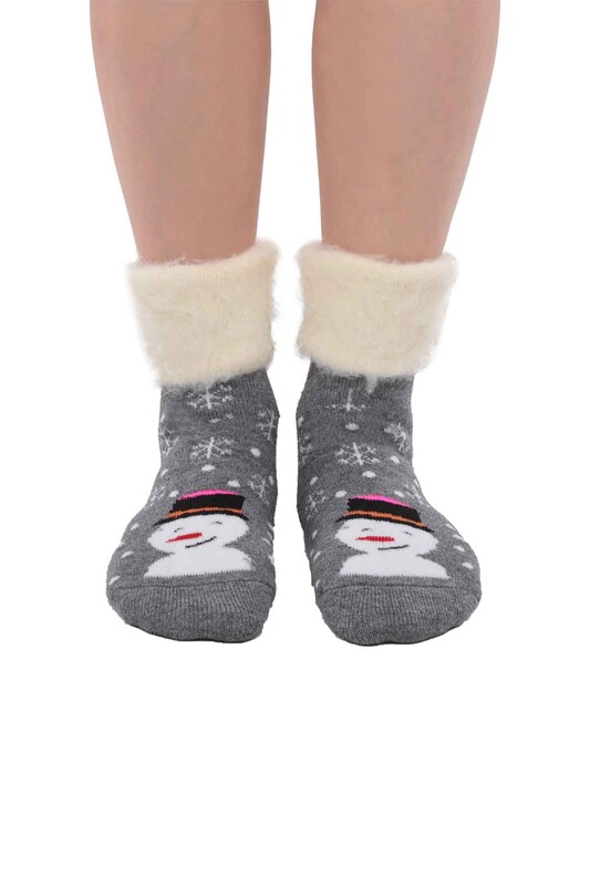 Kardan Adam Desenli Kadın Bot Çorap | Füme - Thumbnail