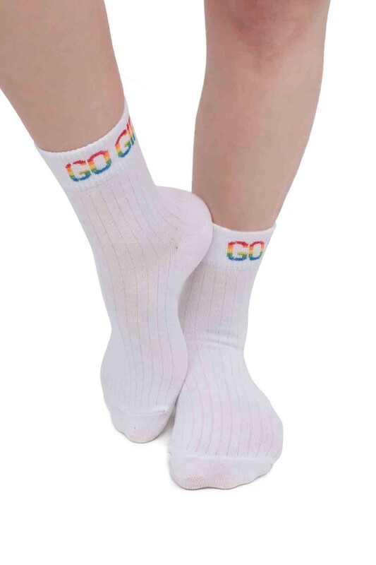 SİMİSSO - Yazı Desenli Kadın Soket Çorap | Beyaz