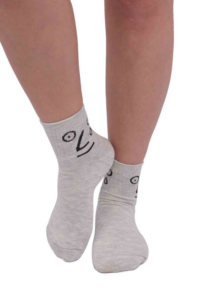 Fashion Emoji Desenli Kadın Soket Çorap 11400 | Açık Gri